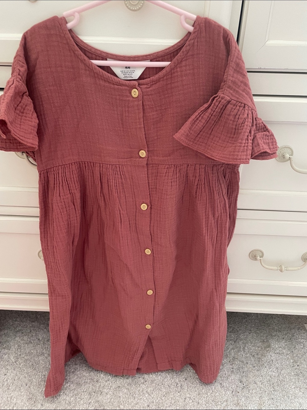 H&M Gauze  Button-Front Dress in Dusty Rose 100% Cotton